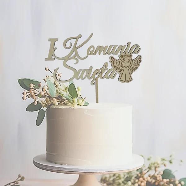 Topper Pierwsza Komunia Święta z aniołkiem grawerowany drewniany dekoracja na biały tort kwiaty Wyrabianki SKU 401.